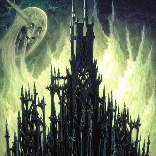 Image similar to a dark gothic castle made of skulls and bones and skeletons, tall spires, epic nebula, Dan Seagrave art