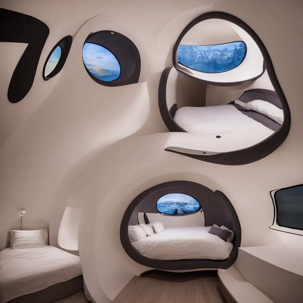 inside cozy luxurious curved sleep pod with wall to Stable Diffusion