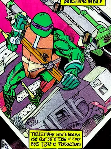 Prompt: full - color illustration by kevin eastman and peter laird from the cover of a 1 9 8 5 tmnt comic book depicting the ninja turtles fighting against the terminator endoskeleton inside the cluttered cyberdyne lab.