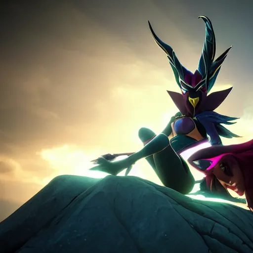 Prompt: xayah and kai'sai, league of legends, unreal engine, by weta digital, editorial photography, 3 - dimensional, rays of shimmering light, best friends