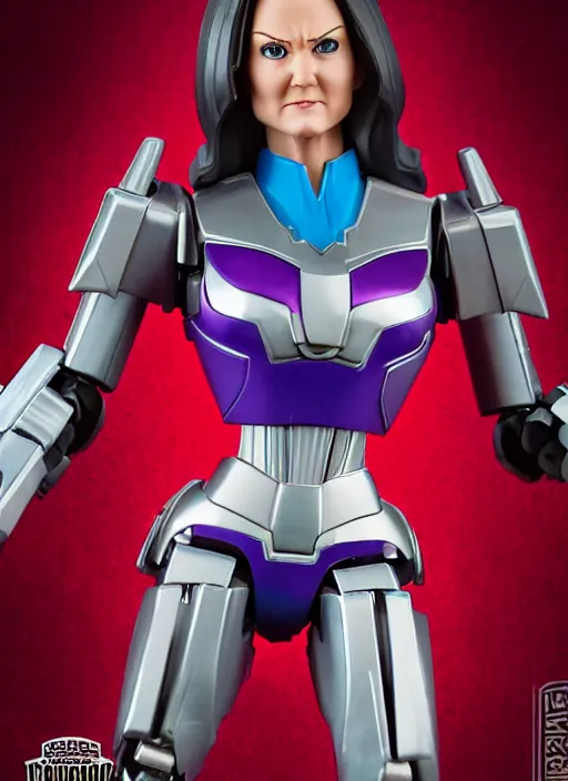 Prompt: transformers decepticon 1 9 7 7 lynda carter action figure from transformers : kingdom, pvc figurine, symmetrical details, gunpla, android, robot girl, by hasbro, takaratomy, tfwiki. net photography, product photography, official media