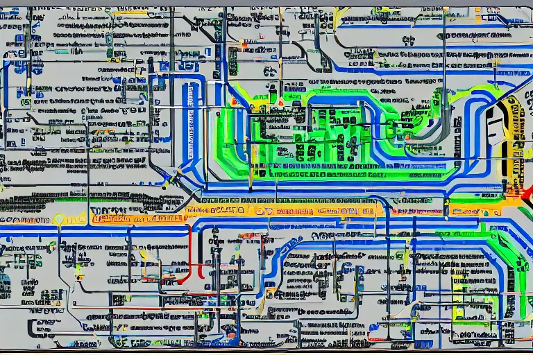 Prompt: dc metro map themed linux desktop environment, linux mint, computer wallpaper, in 1 9 9 5, y 2 k cybercore, industrial photography, still from a ridley scott movie