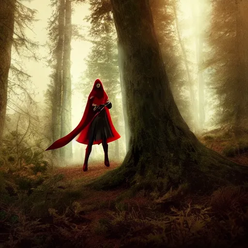 Image similar to cinematic, fierce red riding hood warrior standing in a dark forest holding a sword in the air, dark, 4k, artstation, highly rendered, octane render, beautiful, inspired by Peter Morhbacher, high resolution