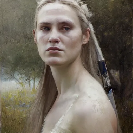 Image similar to Richard Schmid and Jeremy Lipking portrait painting of A shield-maiden (Old Norse: skjoldmø [ˈskjɑldˌmɛːz̠]) was a female warrior from Scandinavian folklore and mythology. Shield-maidens are often mentioned in sagas such as Hervarar saga ok Heiðreks and in Gesta Danorum. They also appear in stories of other Germanic peoples: Goths, Cimbri, and Marcomanni.[1] The mythical Valkyries may have been based on such shield-maidens.[ full-figure