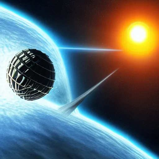 Prompt: ultrarealistic image of a dyson sphere encircling a blue sun, by michael whelan, HD, HDR, 8k, scientific, sci-fi, robotic