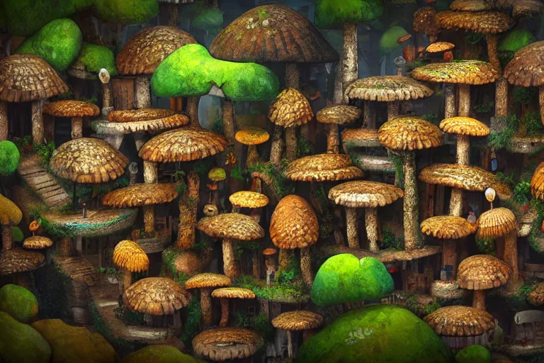 Prompt: favela fungus beehive, wooded environment, industrial factory, cheerful, award winning art, epic dreamlike fantasy landscape, ultra realistic,