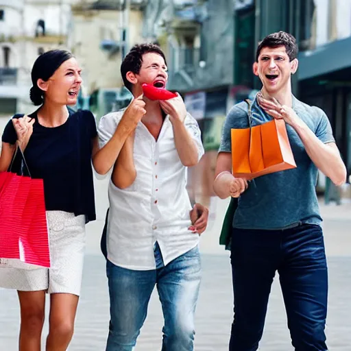 Prompt: modern city destroyed by war in ruins with rich young couple walking around with shopping bags laughing, color photograph