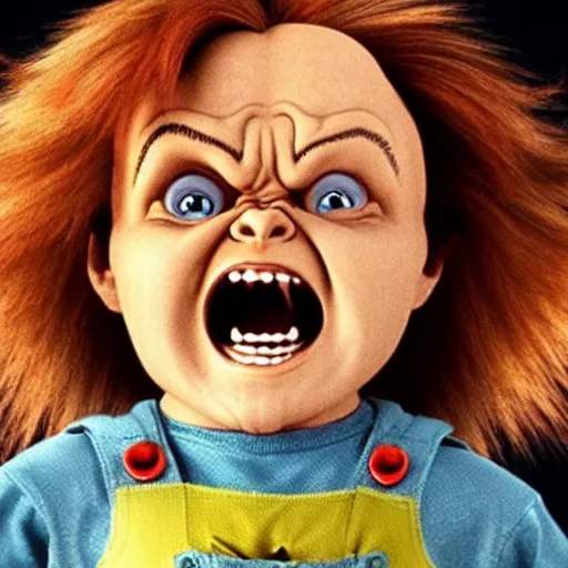 Image similar to chucky doll screaming in too gun movie