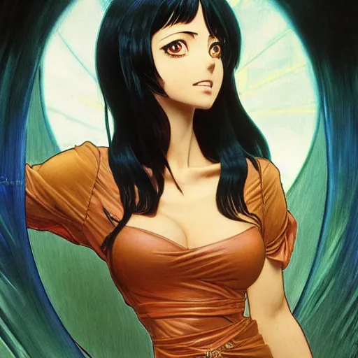 Prompt: highly detailed vfx portrait of nico robin by eiichiro oda!, makoto shinkai, alphonse mucha, sharp focus, art by artgerm and greg rutkowski!, backlit, harsh overhead sunlight, blue eyes!!, large aquiline nose!!, stanley kubrick, kaoru mori, shadows, best of behance,