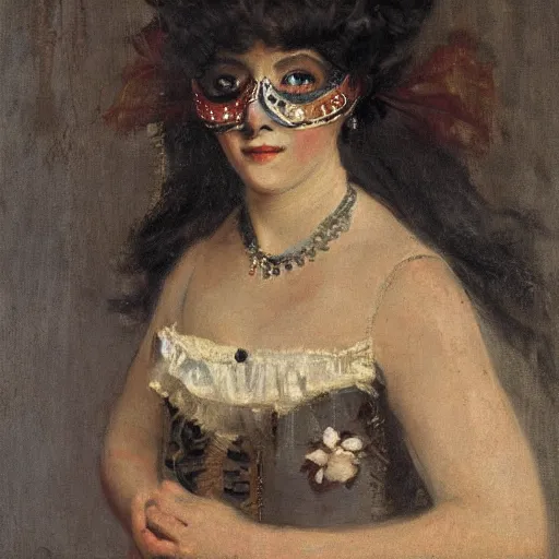 Image similar to portrait of a young woman wearing a carneval mask by alfred stevens