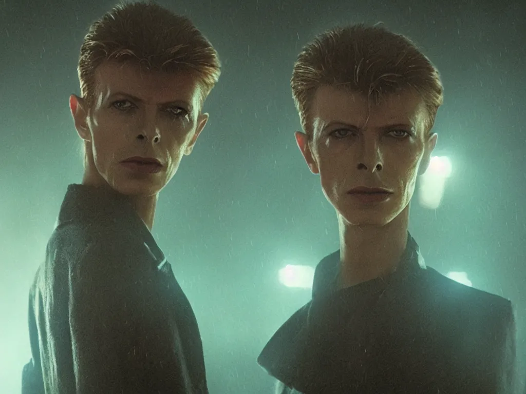 Prompt: young David Bowie, close-up, film still from Blade Runner 2049, beautiful lighting, raining, neon lights, cinematic, depth, ultra-sharp details