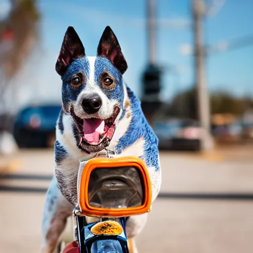 Image similar to blue heeler dog on a motorcycle, 8 k photography, blurred background of a wafflehouse