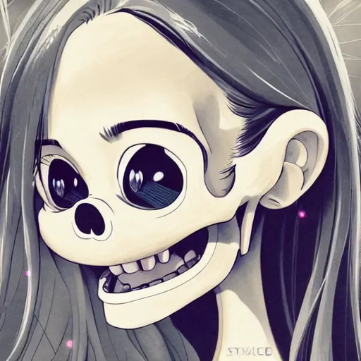 Image similar to manga fine details portrait of joyful skull girl skeleton, minnie mouse, bokeh. anime masterpiece by Studio Ghibli. 8k render, sharp high quality anime illustration in style of Ghibli, artstation