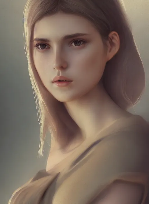 Image similar to a realistic photo portrait of beautiful 👧 with soft 👀 fashion modeling pose, full body, like a professional model, face by WLOP, body by Alex Flores, face symmetry, style of Dan Luvisi, and Charlie Bowater, artstation, rendered, cinematic color grading, muted colors, soft light, rule of thirds, cinematic