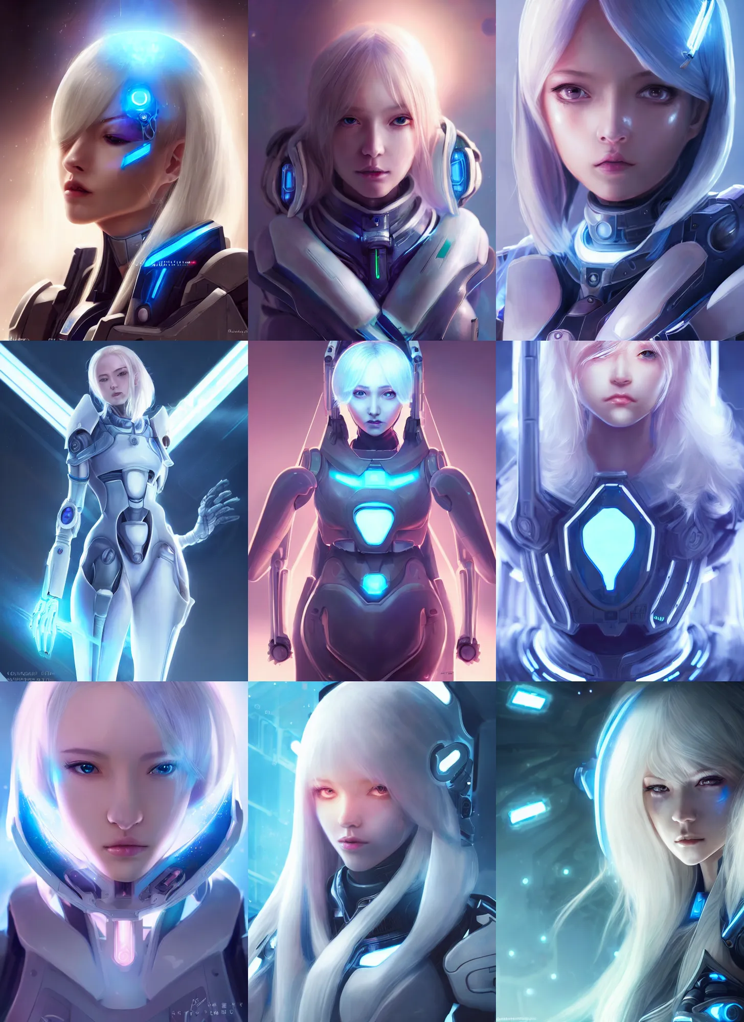 Prompt: perfect android girl, glowing warframe armor, beautiful face, scifi, futuristic, space station, laboratory, kwak ji young, dreamy, long white hair, blue cyborg eyes, cinematic lighting, innocent, highly detailed, focused, artstation, divine, by gauthier leblanc, kazuya takahashi, huifeng huang, jama jurabaev