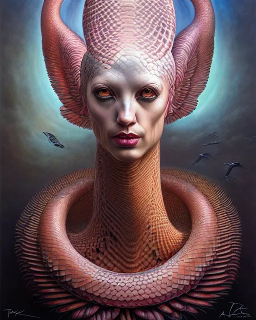 Image similar to a detailed portrait of dreampunk flamingo python hybrid mix goddess by tomasz alen kopera and peter mohrbacher