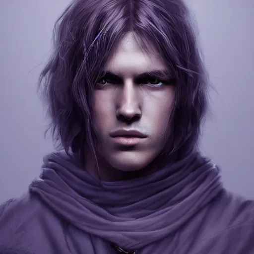 Image similar to a highly detailed Portrait of a young man with light gray long hair, purple eyes, in a black cloak, artstation, DeviantArt, professional, octane render