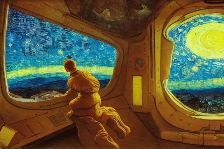 Image similar to a person looking from a window of a space station near Mars, colorful, beautiful, national geographic, very detailed, astrophotography, oil painting, canvas, Vincent van Gogh, Caspar David Friedrich, Theodor Kittelsen, Albert Bierstadt