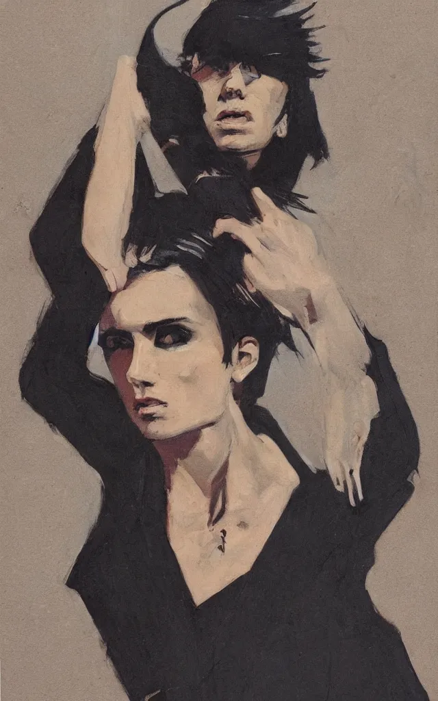 Prompt: portrait of an androgynous glam rocker in the style of syd mead and john william waterhouse