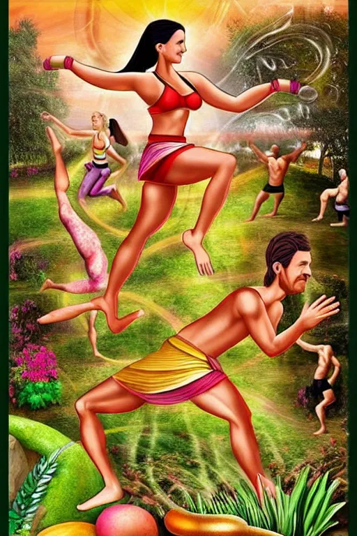 Prompt: 6000 BC From the Garden of Eden Zumba fitness art poster