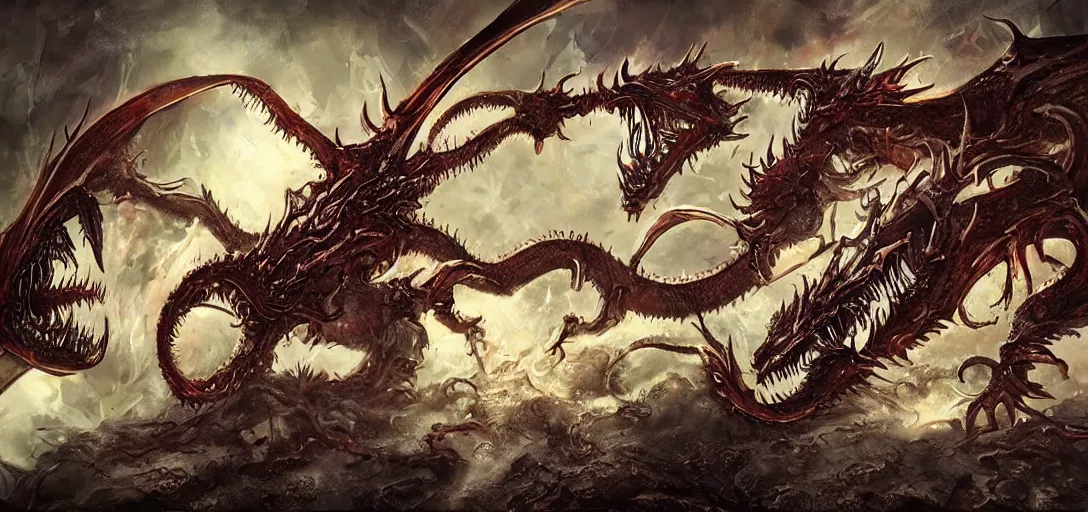 Image similar to concept art of dragon attack, lovecraftian, lots of teeth, melting horror, feathers, fighting the horrors of the unknown with laser guns