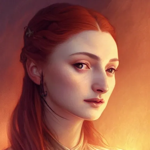 Image similar to portrait of sansa stark dark queen, intricate, elegant, highly detailed, digital painting, artstation, concept art, smooth, sharp focus, illustration, art by artgerm and greg rutkowski and alphonse mucha and william - adolphe bouguereau