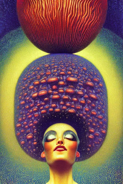 Image similar to art deco close up portait of mushroom head with big mouth surrounded by spheres, rain like a dream digital painting curvalinear clothing cinematic dramatic fluid lines otherworldly vaporwave interesting details epic composition by artgerm rutkowski moebius francis bacon gustav klimt