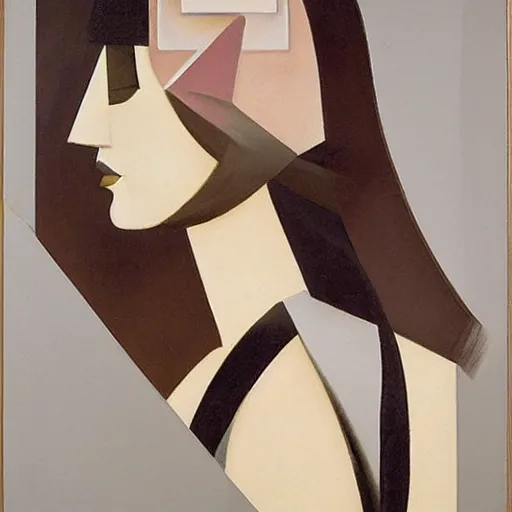 Image similar to by tamara de lempicka, by guy carleton wiggins lines. a beautiful kinetic sculpture of a person in profile, with their features appearing both in front of & behind their head.