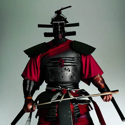 Image similar to big buff strong very buff samurai wearing an oni mask, movie still