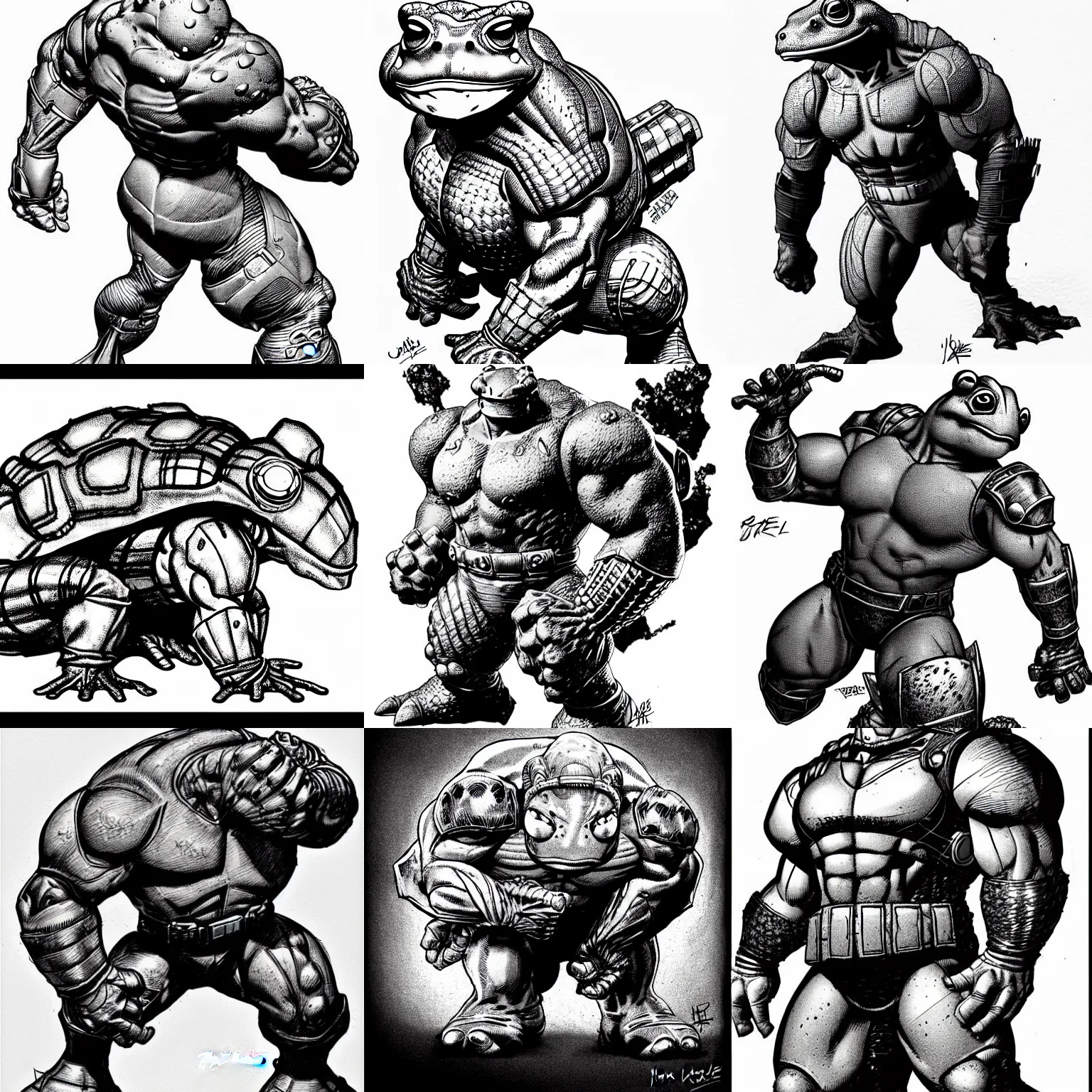 Prompt: toad animal!!! jim lee!!! sideview full shot!! flat grayscale ink sketch by jim lee close up in the style of jim lee, ( attention pose ) cyborg! battle armor rugged knight hulk toad animal superhero by jim lee