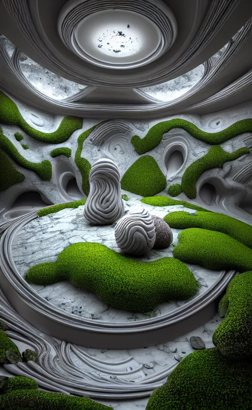 Image similar to highly detailed ultra sharp 3 d render villa interior cinematic composition of a smooth ceramic porcelain biomorphic magnolia stone nebula fluid fractal sci - fi surreal architecture landscape, granite, metallic, magnesium, marble, moss and lichen, vincent callebaut composition, mamou - mani, archviz, beautiful lighting, 8 k, unreal engine, hdr,