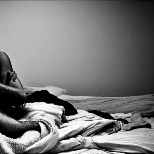 Prompt: black and white fashion photograph, highly detailed portrait of a depressed man sitting on the edge of a messy bed, natural light, rain, mist, lomo, fashion photography, film grain, soft vignette, sigma 85mm f/1.4 1/10 sec shutter