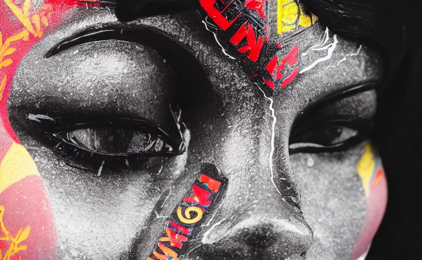 Image similar to close up portrait of extremely beautiful female black marble statue in the style of virgil abloh, colorful motocross logos behind her, sharp focus, clear, detailed,, cinematic, detailed, off white, glamourous, symmetrical, vogue, editorial, fashion, magazine shoot, glossy