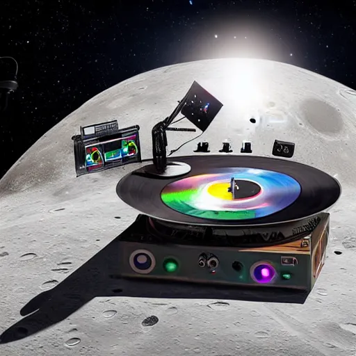 Image similar to a realistic matte painting of a dj with turntable play music on the moon, detailed, 8 k,