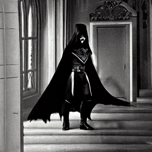 Image similar to a raven rogue wearing a vantablack cloak. in a high fantasy 1 9 7 8 castle. r / oldschoolfantasy