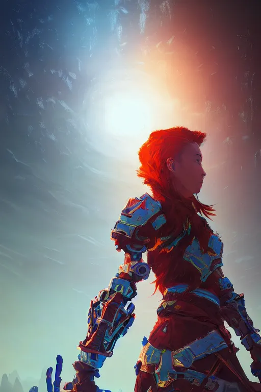 Image similar to combination suit armor aloy horizon forbidden west horizon zero dawn radiating a glowing aura global illumination ray tracing hdr fanart arstation by ian pesty and alena aenami artworks in 4 k tribal robot ninja mask helmet backpack