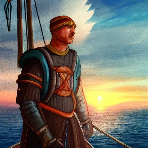 Image similar to portrait of a medieval ship pilot on a ship looking into the sunset on the sea, wearing breastplate, digital art, bokah, high fantasy art style