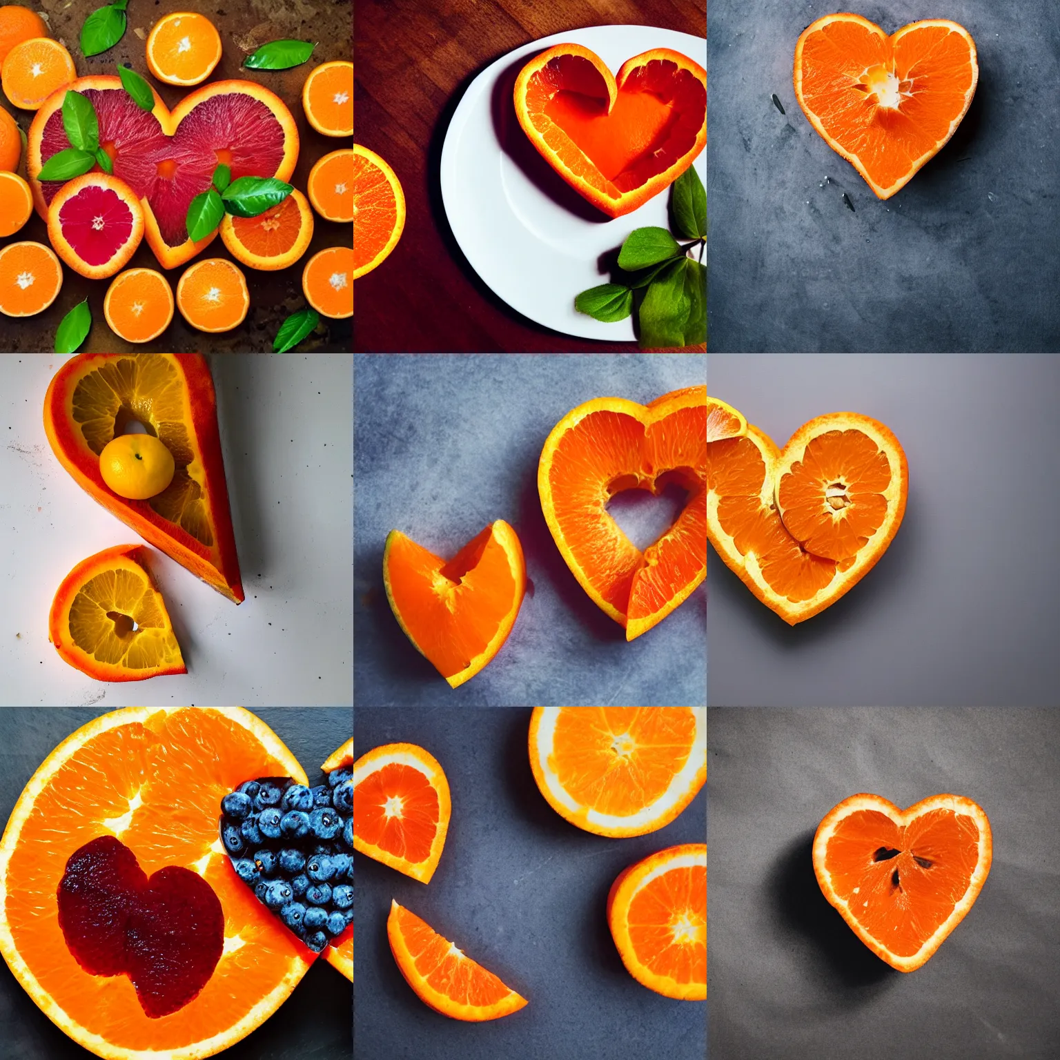 Prompt: orange in the shape of a heart sliced in half, fruit bowl, food photography