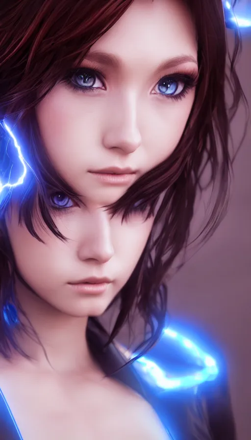 Image similar to render as a very beautiful 3d anime woman with short brown hair, blue eyes, heavy makeup, short smile, cinematic lightning, highly detailed, trending on Artstation, Unreal Engine 4k, cinematic wallpaper