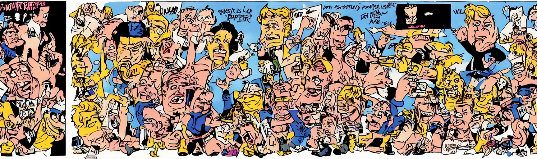 Image similar to film strip of a zany cartoon starring roddy piper