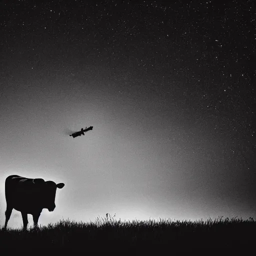 Image similar to closeup, a cow flying at night, flashlight, creepy, cinematic dramatic atmosphere, smooth, sharp focus, cinematic shot, movie scene, horror movie