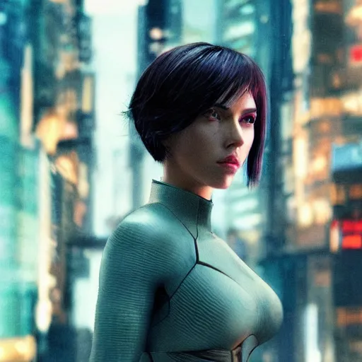 Image similar to a beautiful medium - shot still of scarlett johansson as motoko kusanagi from ghost in the shell, cyberpunk style, looking off into the distance, kusanagi hairdress, balck hairs, ultra realistic, soft, blue hour, soft neons light from night city falling on her face. focus on her eyes and brows. by annie leibowitz