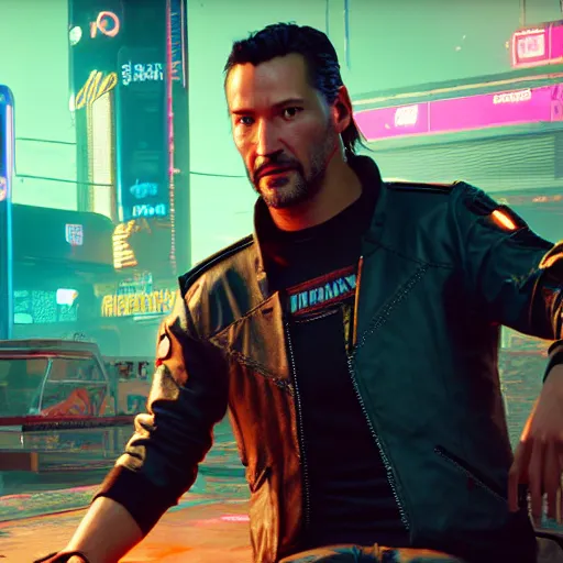 Image similar to photo of a Keanu Reaves in the Cyberpunk 2077 game