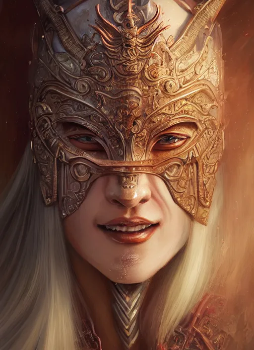 Image similar to a beautiful detailed oil on copper art illustration of a japanese samurai dragon mask woman, centered, by charlie bowater, zeng fanzh, trending on artstation, dim dusk lighting, cinematic lighting, detailed lighting, volumetric lighting, realistic, f 8, 4 k hd wallpaper