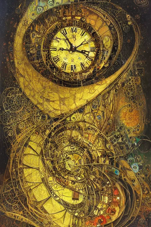 Image similar to The Tomorrow Machine by Karol Bak, Jean Deville, Gustav Klimt, and Vincent Van Gogh, otherworldly, fractal structures, arcane, clockface, spiral clock, inferno, inscribed runes, ornate gilded medieval icon, third eye, spirals