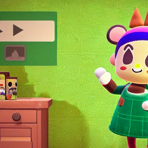 Image similar to animal crossing character with a round pink head, a green mohawk, green eyebrows and a long red pointy nose