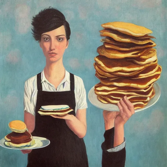 Image similar to tall emo female artist holding pancakes, in chippendale sydney, pigs, octopus, acrylic on canvas, surrealist, by magritte and monet