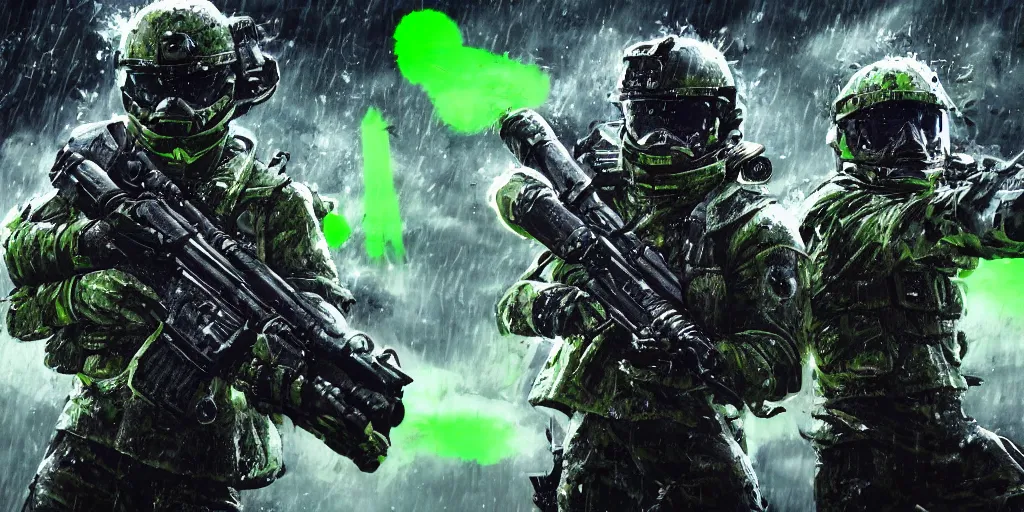 Prompt: A detailed sketch of two guerilla soldiers with green plasma rifles with revolver drums wearing grey armour with dark green stripes and full helmets with dark green visors, night, rain, water drops on the lense, a complicated black spaceship with green lights in the background, realistic 4k octane beautifully detailed render, 4k post-processing, highly detailed, intricate complexity, epic composition, magical atmosphere, cinematic lighting, masterpiece, ultra hd