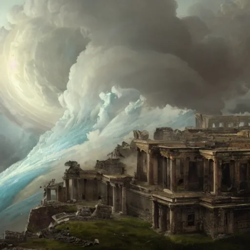 Prompt: Panorama view of a hurricane lifting the ruins of an ancient city into a sea of clouds, flying island, oil painting, by Greg Rutkowski