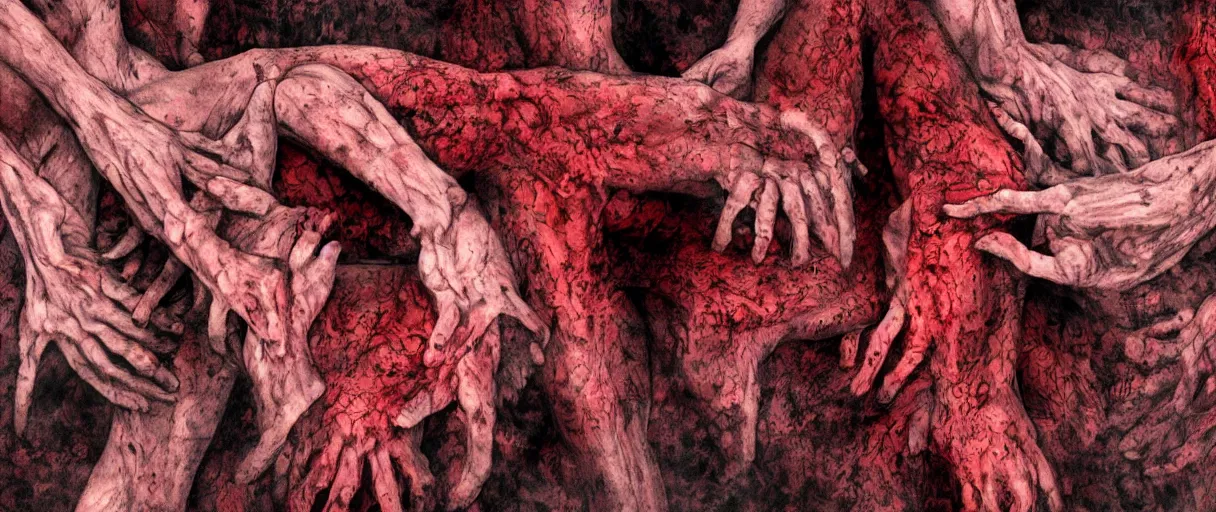 Image similar to human body entirely made up of feet, horror, scary, dark, nightmare, detail, high detail, red colors